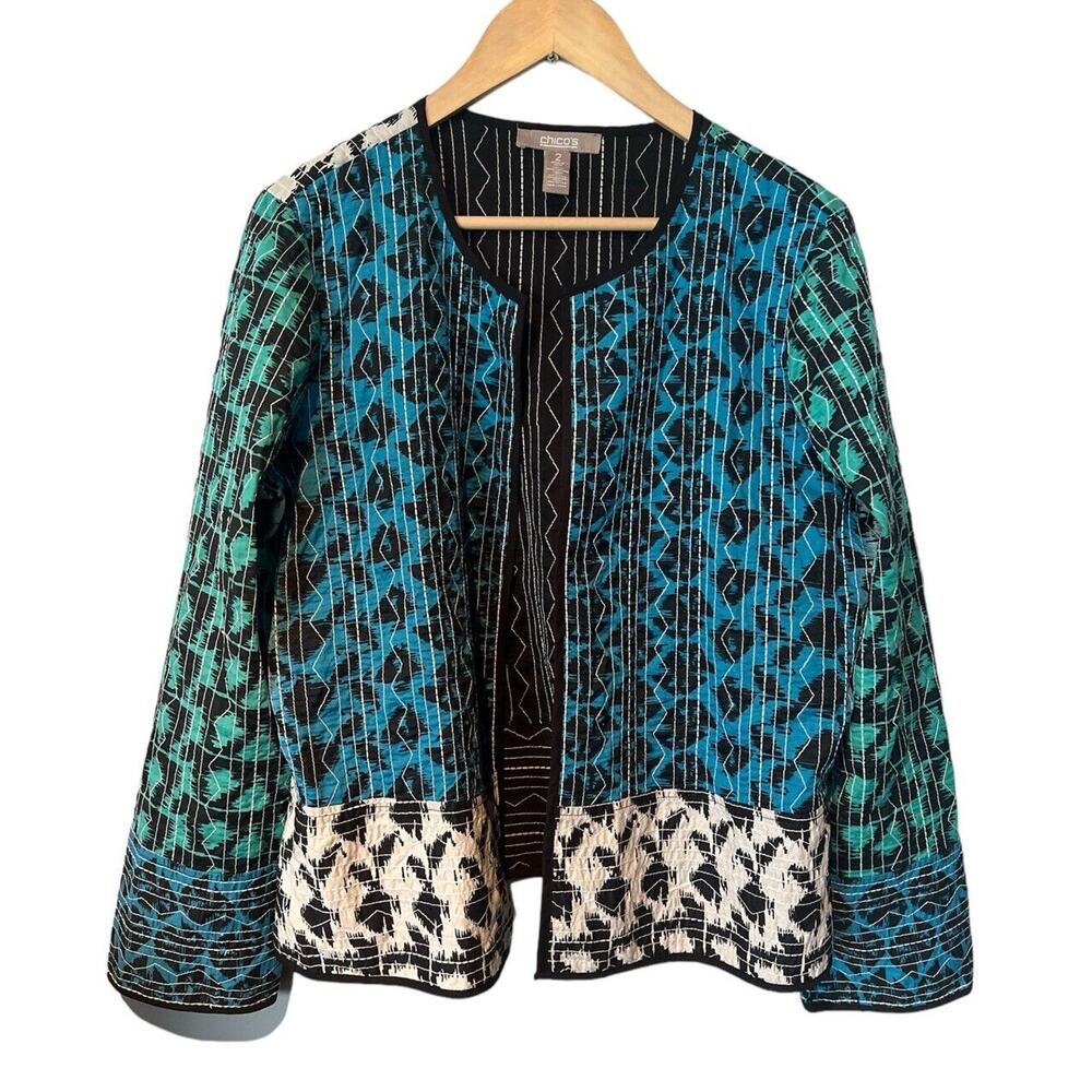 Chicos Cotton Quilted Light Weight Open Front Jacket Large (2) Made In India